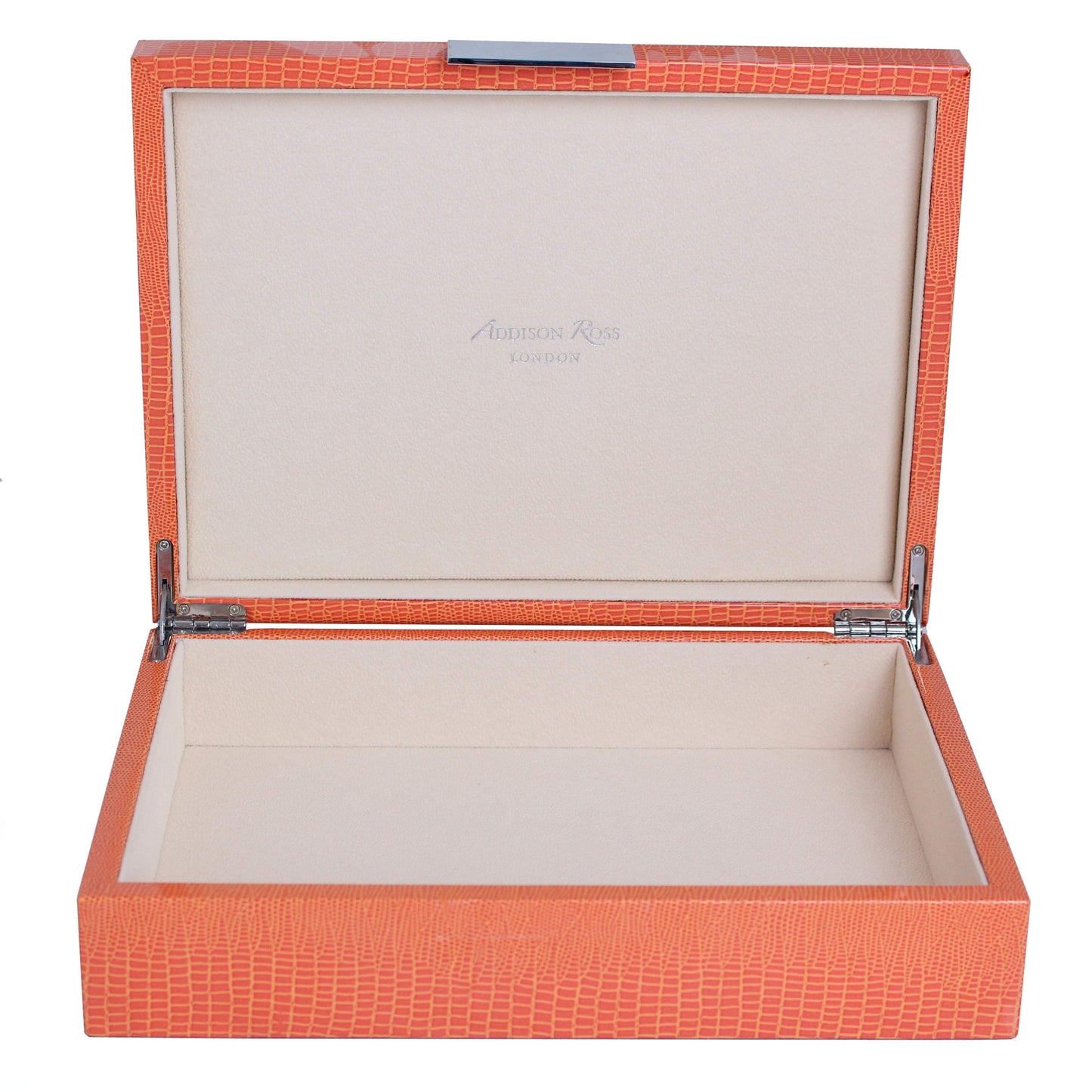 Große orangefarbene Kroko-Lackbox mit Silber