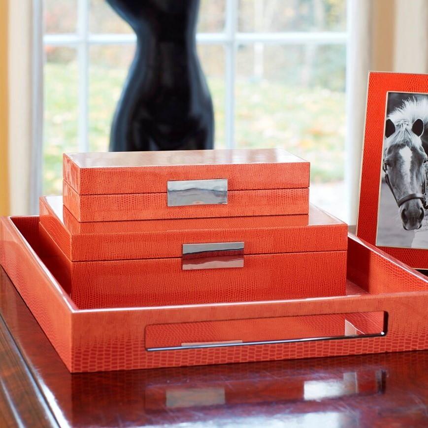 Large Orange Croc Lacquer Box with Silver