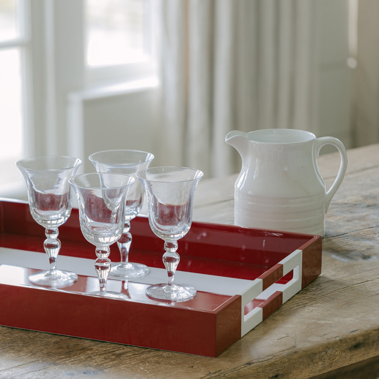 Burgundy Striped Large Lacquered Ottoman Tray